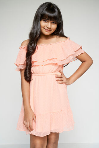 Peach Solid Flounce Dress, Peach, image 1